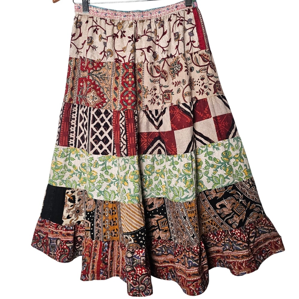 Sacred Threads Women Patchwork Tiered Midi Skirt OS M Multicolor Boho Hippie